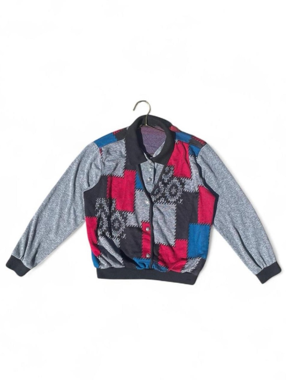 Vintage 80s 90s Patchwork Knit Sweater Cardigan Grunge Artsy Medium